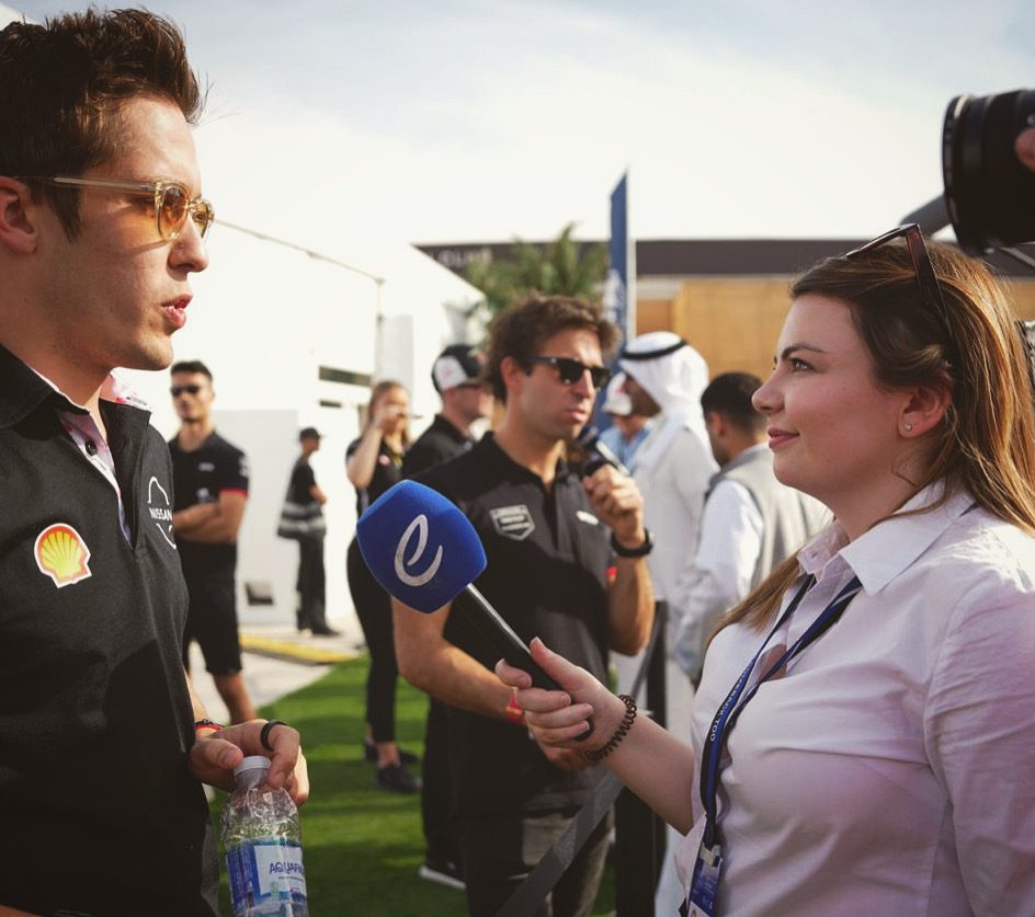 Katy interviewing former Formula E driver Sacha Fenestraz.